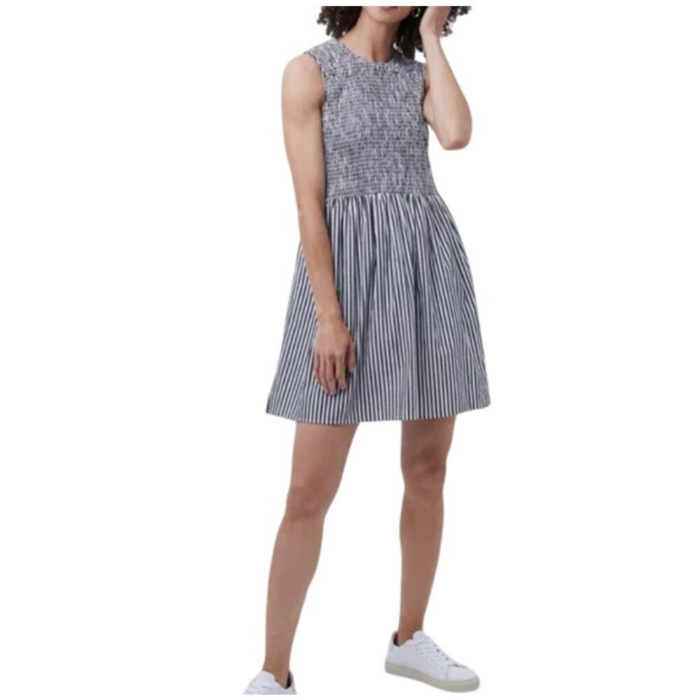 French Connection Gray Above The Knee Serge Stripe Sleeveless Shirring Dress 6